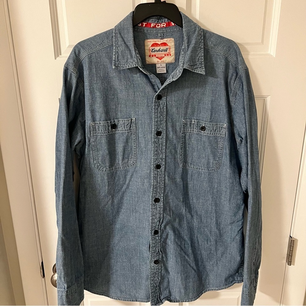 Carhartt Men’s 2011 Denim Button-Up Work Shirt Size Red Heart Logo Large
